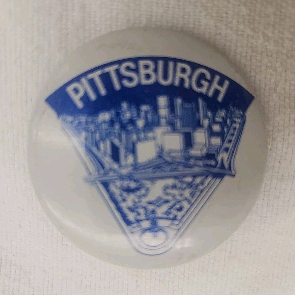 Button Pittsburgh City Scape Pin White Background Downtown Skyline 1960's VTG